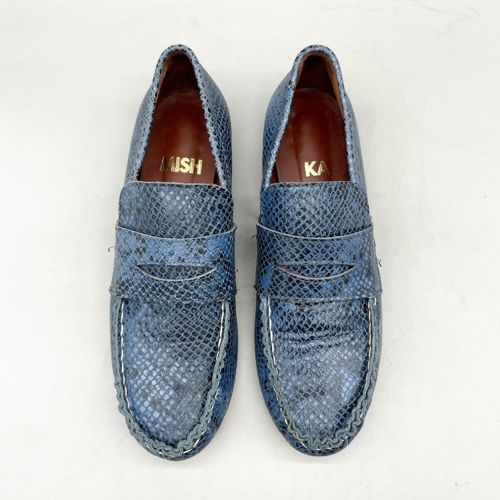 Mishka Womens 39 Penny Loafers Blue Snake Print Leather Artisan Preppy Classic